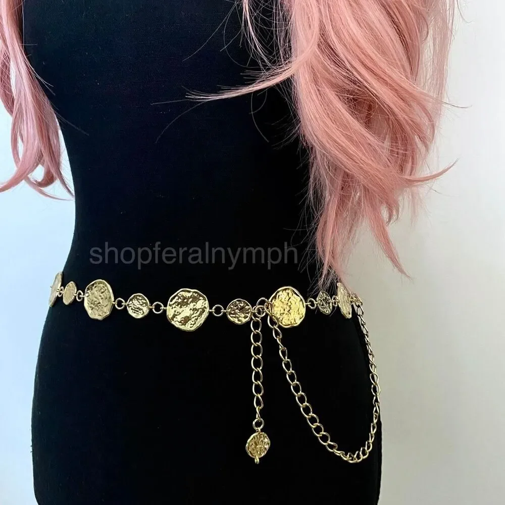 Gold Y2K Hammered Coin Disc Boho Chain Belt, Fits 25-44 Inches, X7GA1272
